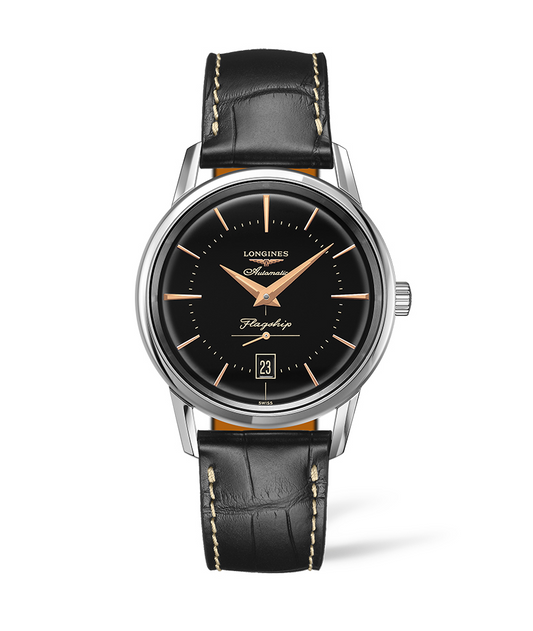 Longines Flagship Heritage Collection 38mm Automatic Black Dial Gent's Watch with Alligator Strap